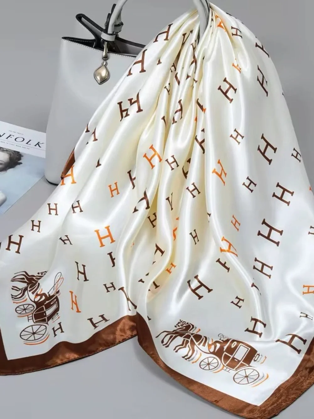 90cm x90cm Elegant Cream Silk-Feel Scarf with Brown H Motif